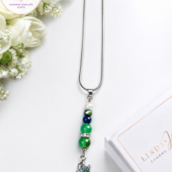 Handmade Green Beaded Necklace with Silver-Tone Feather Pendant