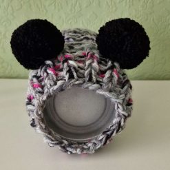 Hand Knitted Dog Snood with cute Black Pom Poms neck size 10" to 14"