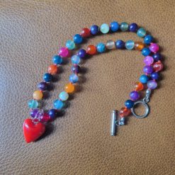 Handmade Natural Dyed Agate/Banded Agate Beaded Necklace with Lampwork Glass Heart Pendant