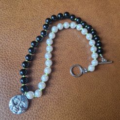 Handmade Shell Pearl Beads and 8mm Natural Obsidian Beads with Stainless Steel Moon Face Pendant