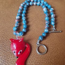 Handmade Synthetic Ocean White Jade dyed Blue beaded necklace with Red Fox Pendant