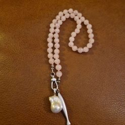 Handmade Natural Rose Quartz Beads with Baroque Keshi Pearl and Simple Stainless Steel Fish Pendant