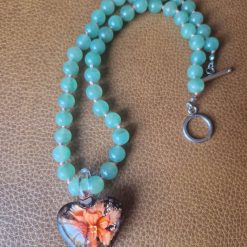 Handmade Natural Green Aventurine Beaded Necklace with Black and Peach Floral Glass Heart Pendant