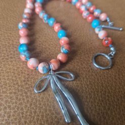 Handmade Synthetic Ocean White Jade Dyed Saddle Brown beaded necklace with Stainless Steel Bow Pendant