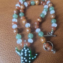 Handmade Elephant Skin Jasper/Miriam stone, Green Aventurine & Malaysian Jade Beaded Necklace with Glass Lampwork Cactus