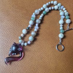 Handmade Natural Peace Jade, Malaysian Jade & Green Aventurine beaded with Glass Lampwork Fox Pendant