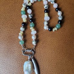 Handmade Dalmation Jasper, Faux Pearls, Green Aventurine, Rose Quartz, Lemon Jade, Crystal Quartz and Obsidian beaded necklace with Baroque Keshi Pearl & Stainless Steel Fish