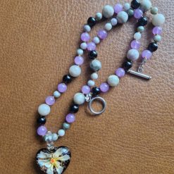 Handmade Natural Peace Jade, Obsidian & Lilac Dyed Malaysian Jade beaded necklace with Glass Lampwork Heart Pendant
