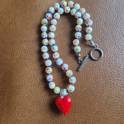 Handmade White with colourful speckles Lampwork beaded necklace with Glass Lampwork Heart Pendant