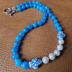 Handmade Natural Steel Blue Dyed Malaysian Jade & Faux Pearl beaded necklace with ceramic fish