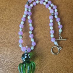 Handmade Natural Peace Jade & Lilac Dyed Malaysian Jade beaded necklace with Glass Lampwork Octopus