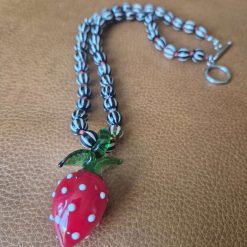 Handmade Tibetan Style Striped beaded necklace with Glass Lampwork Strawberry