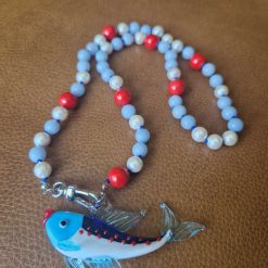 Handmade Natural Angelite, Dyed Red Mashan Jade & Faux Pearls beaded necklace with Glass Lampwork Fish Pendant.