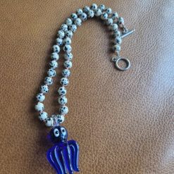 Handmade Dalmation Jasper beaded necklace with Glass Lampwork Octopus