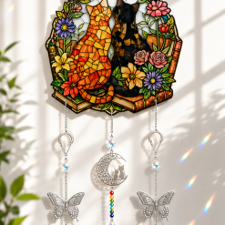 Handmade Cat & Butterfly Crystal Suncatcher – Colourful Window Hanging