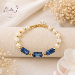 Handmade Blue & Pearl Beaded Bracelet with Gold-Tone Detail