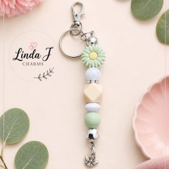 Handmade Sage Green & Cream Daisy Beaded Keyring with Bee Charm