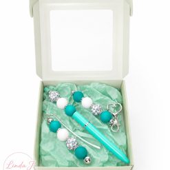 Handmade Teal Beaded Gift Set – Pen, Bookmark & Keyring 1 Handmade Teal Beaded Gift Set – Pen, Bookmark & Keyring 1