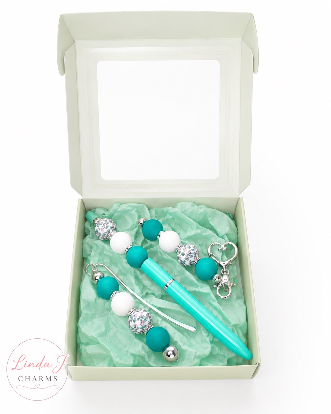 Handmade Teal Beaded Gift Set – Pen, Bookmark & Keyring Handmade Teal Beaded Gift Set – Pen, Bookmark & Keyring