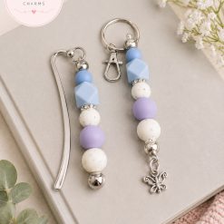 Handmade Blue & Lilac Beaded Bookmark and Butterfly Keyring Gift Set