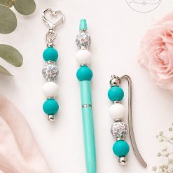 Handmade Teal Beaded Gift Set – Pen, Bookmark & Keyring 2 Handmade Teal Beaded Gift Set – Pen, Bookmark & Keyring 2