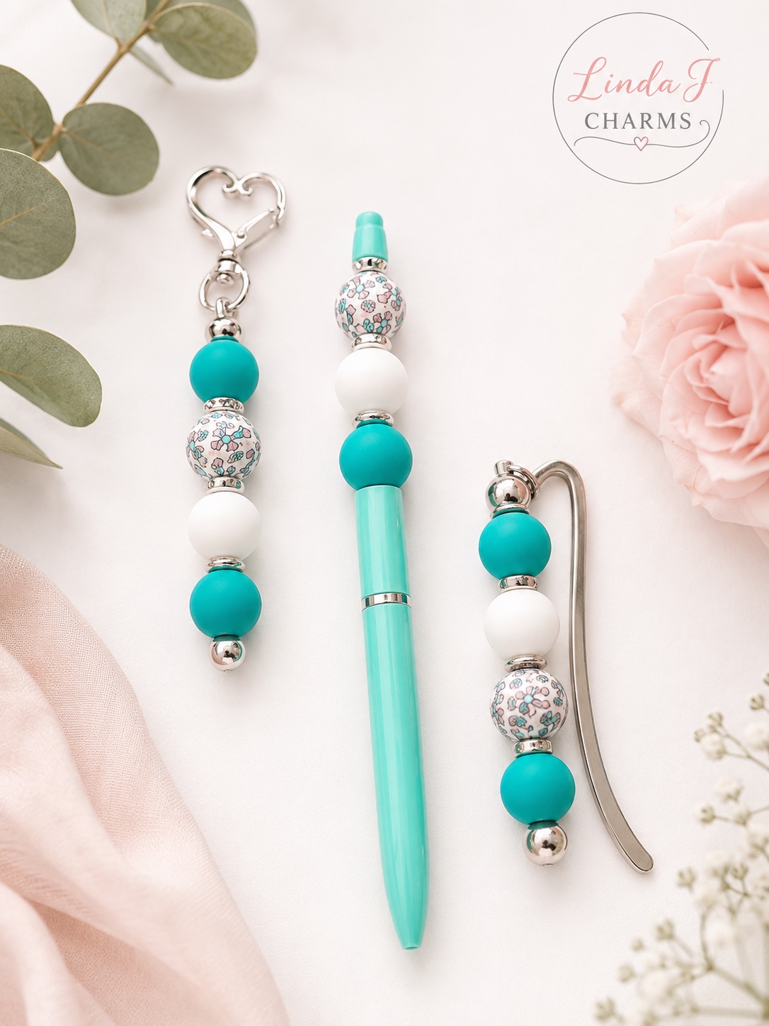 Handmade Teal Beaded Gift Set – Pen, Bookmark & Keyring Handmade Teal Beaded Gift Set – Pen, Bookmark & Keyring