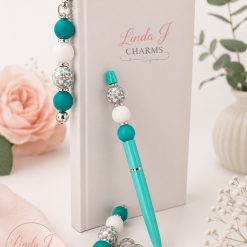 Handmade Teal Beaded Gift Set – Pen, Bookmark & Keyring