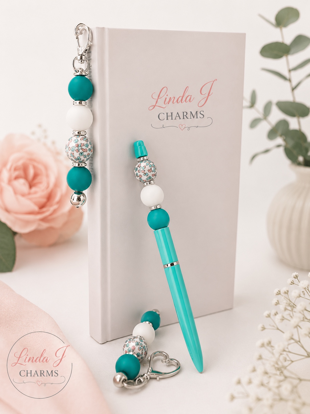 Handmade Teal Beaded Gift Set – Pen, Bookmark & Keyring Handmade Teal Beaded Gift Set – Pen, Bookmark & Keyring