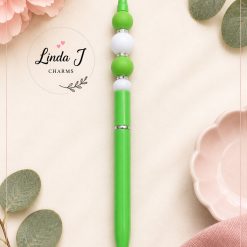 Handmade Green & White Beaded Pen – Refillable Gift Pen