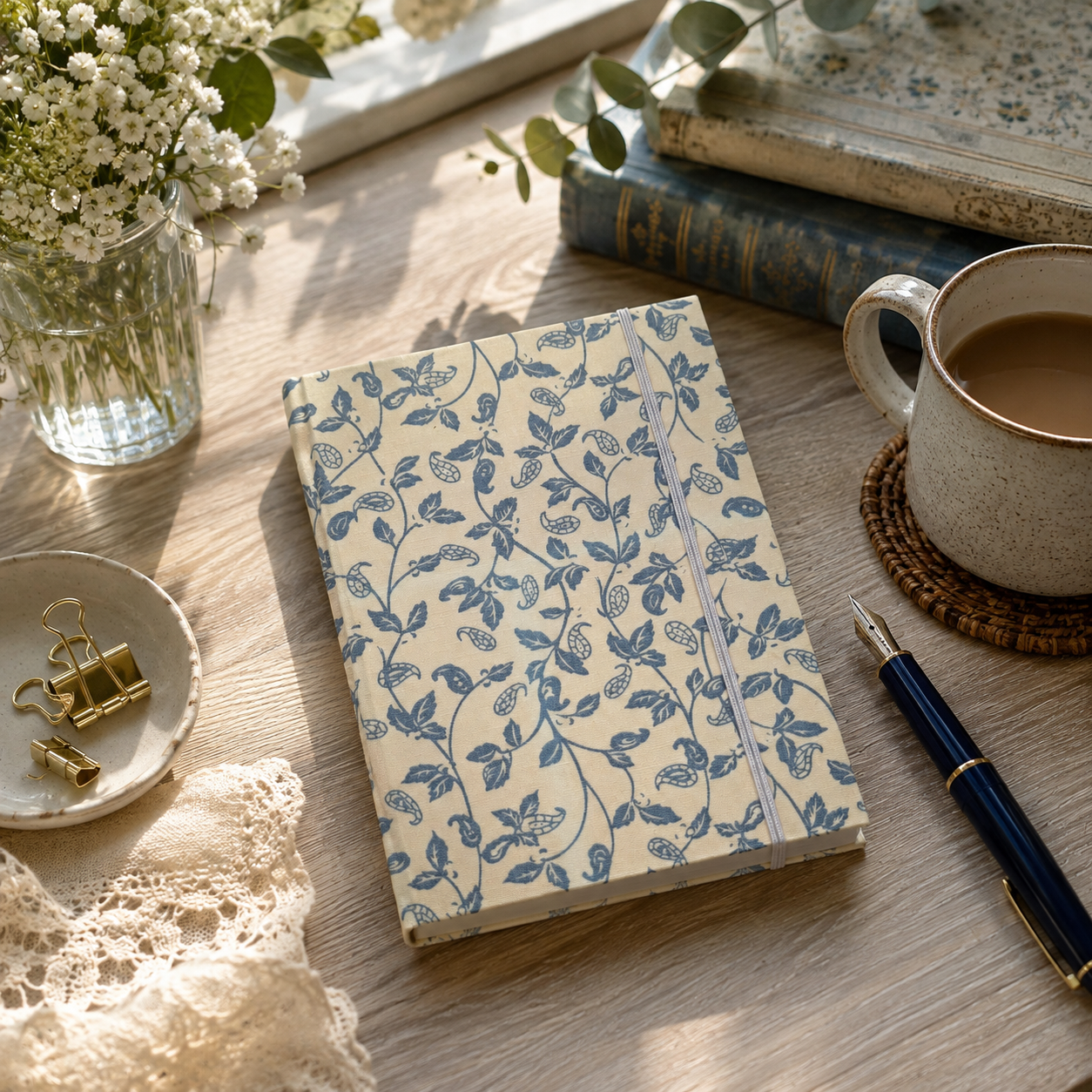 Handmade Blue Botanical Fabric Notebook – A6 Lined Journal Handmade Blue Botanical Fabric Notebook – A6 Lined Journal