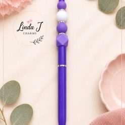 Handmade Purple & White Beaded Pen – Refillable Gift Pen