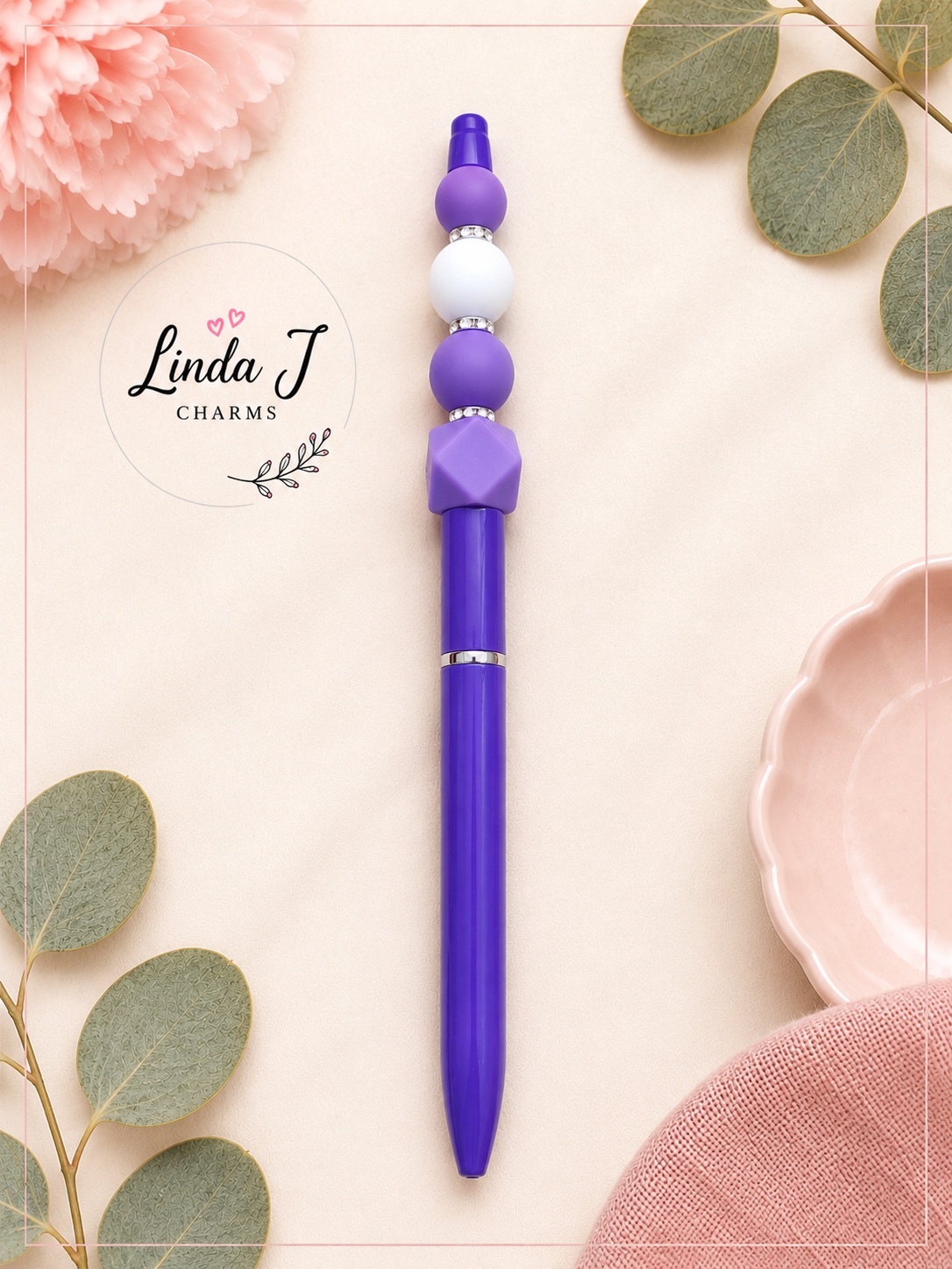 Handmade Purple & White Beaded Pen – Refillable Gift Pen Handmade Purple & White Beaded Pen – Refillable Gift Pen
