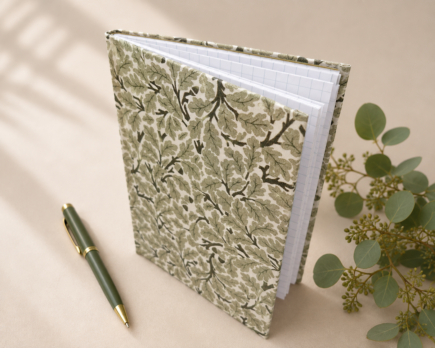 Handmade Green Leaf Fabric Notebook | A6 Journal | Square Grid Pages | Traditional Bookbinding Handmade Green Leaf Fabric Notebook | A6 Journal | Square Grid Pages | Traditional Bookbinding