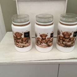 Tea coffee & sugar jars hand painted and decoupaged with highland cow design