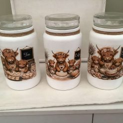 Tea coffee & sugar jars hand painted and decoupaged with highland cow design 1