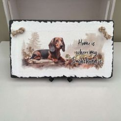 Slate sign decoupaged with a dachshund dog and the saying home is where my dachshund is 1 Slate sign decoupaged with a dachshund dog and the saying home is where my dachshund is 1