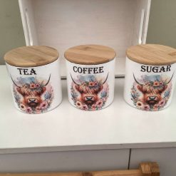 Tea coffee & sugar jars hand painted and decoupaged with highland cow design