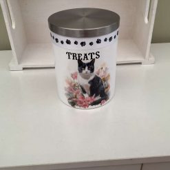 Cart treat jar hand painted & decoupaged with a beautiful black and white cat image 1