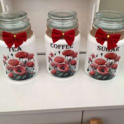 Tea coffee & sugar jars hand painted and decoupaged with highland cow design