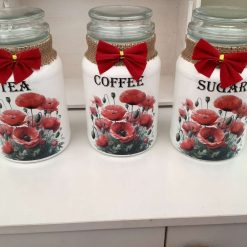 Tea coffee & sugar jars hand painted and decoupaged with h poppy design 1