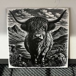 Ceramic tile engraved highland cow