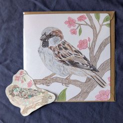 "House Sparrow" Greetings Card & Holographic Vinyl Sticker bundle