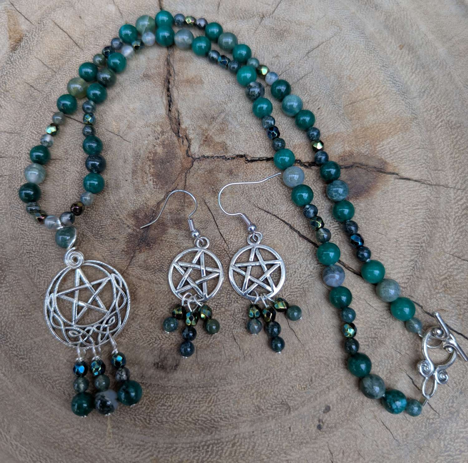 Pentagram jewellery set - moss agate & dyed quartzite Pentagram jewellery set - moss agate & dyed quartzite