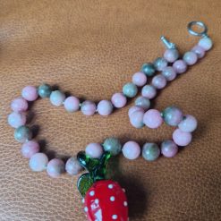 Handmade Pink and Green Jade beaded necklace with Glass Lampwork Strawberry Pendant