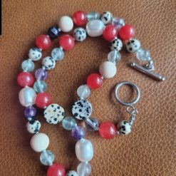 Handmade White & Red Mashan Natural Jade, Dalmation Jasper, Lavender & Green Fluorite beaded necklace