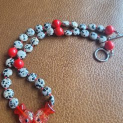 Handmade Dalmation Jasper & Red Masham Jade beaded necklace with Two Glass Lampwork Fish