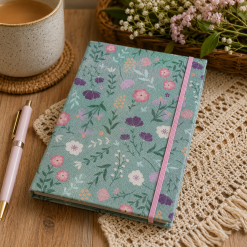 Handmade Teal Wildflower Fabric Notebook – 112 Lined Pages