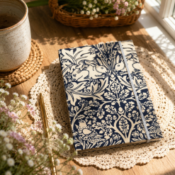 Handmade William Morris Fabric Notebook – Navy & Cream Journal – Traditional Bookbinding – Blank Pages