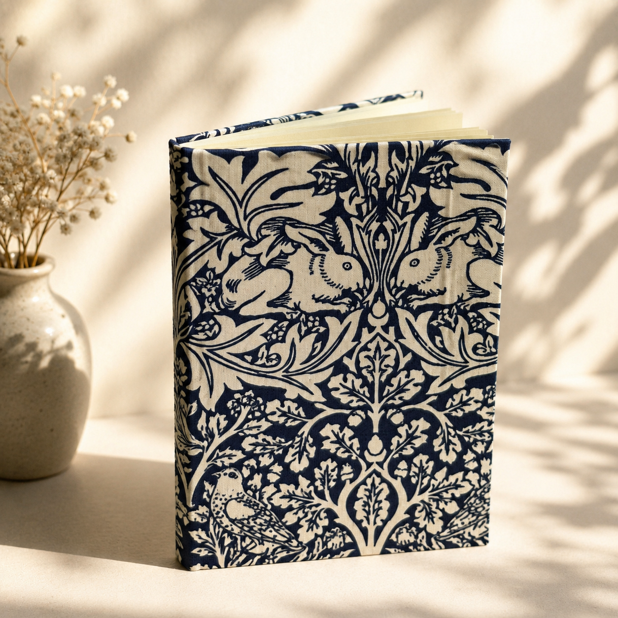 Handmade William Morris Fabric Notebook – Navy & Cream Journal – Traditional Bookbinding – Blank Pages Handmade William Morris Fabric Notebook – Navy & Cream Journal – Traditional Bookbinding – Blank Pages