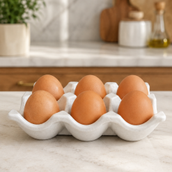 Egg Holder for 6 Eggs, White Scalloped Jesmonite, Kitchen Countertop Decor